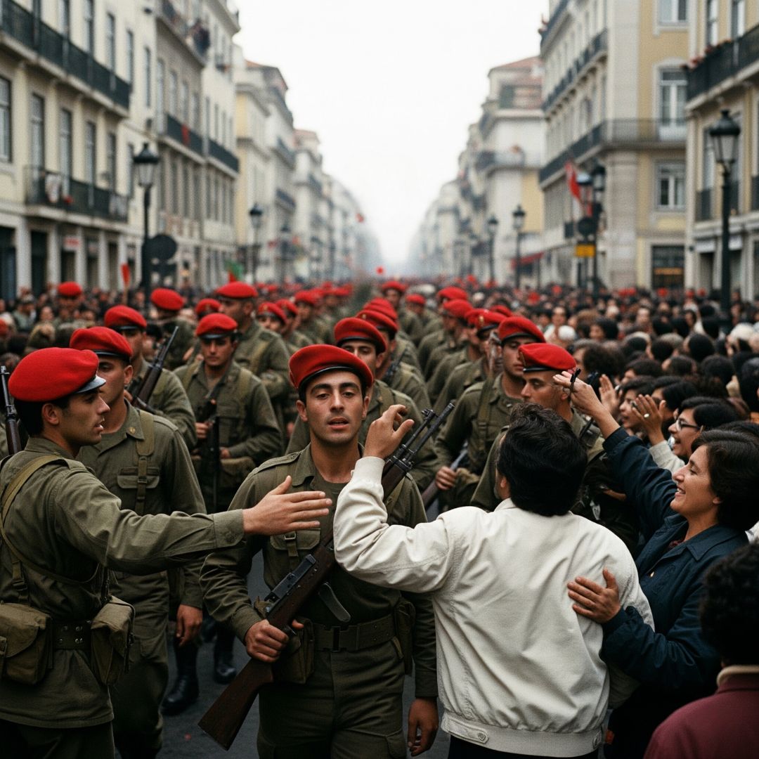 Soldados e povo celebram a liberdade nas ruas de Lisboa no 25 de Abril de 1974. Manuel Graça viveu a revolução na primeira linha, uma experiência que definiria a sua visão de democracia de base.