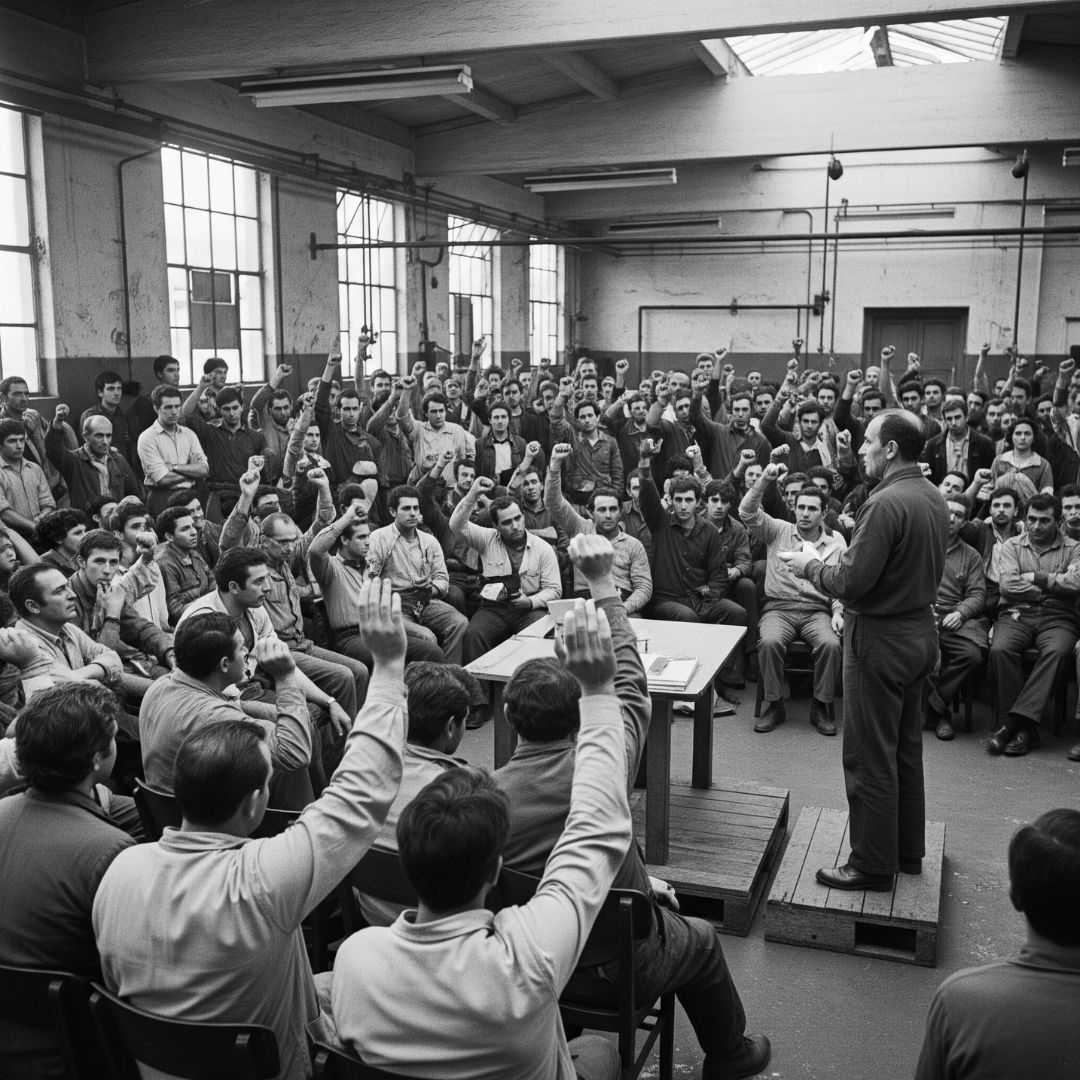 Manifestação de trabalhadores em Portugal. As greves e os piquetes eram a linha da frente da luta sindical liderada por Manuel Graça, enfrentando um dos patronatos mais retrógrados do país.